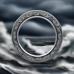 A high-quality digital art image depicting a stormy sea scene with a silver ring as the central focus