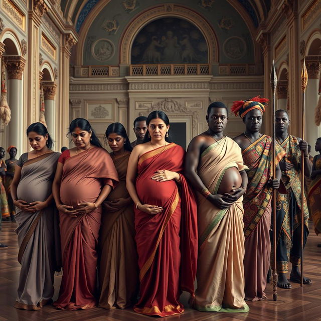 A dramatic scene set in a grand hall featuring 5 sullen pregnant Indian women, each dressed in elegantly draped but muted-colored sarees, reflecting a somber mood