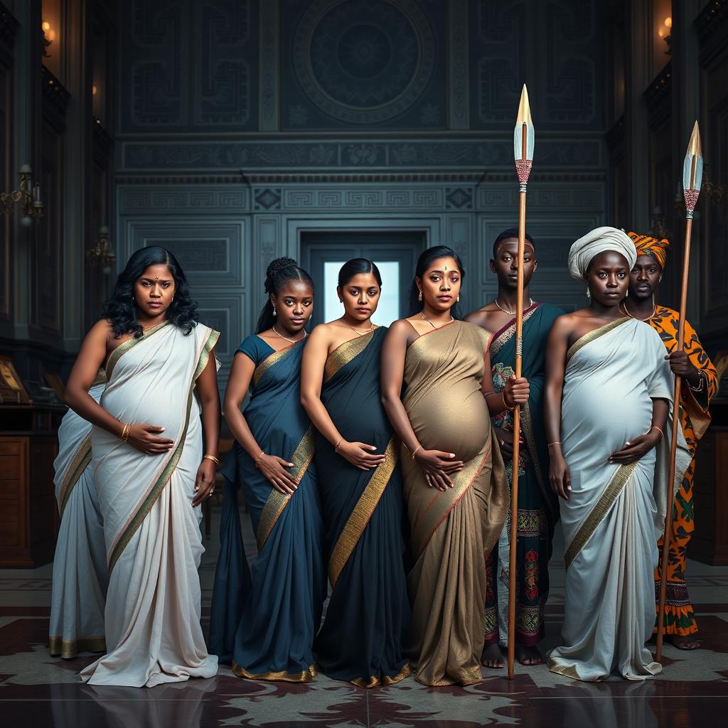 A dramatic scene set in a grand hall featuring 5 sullen pregnant Indian women, each dressed in elegantly draped but muted-colored sarees, reflecting a somber mood