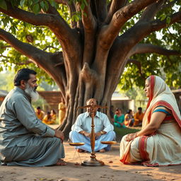 A traditional Indian panchayat scene, featuring Khala, Jumman Miyan, and Alguh Chaudhary sitting face to face beneath a large Peepal tree, which serves as the central focal point of the meeting