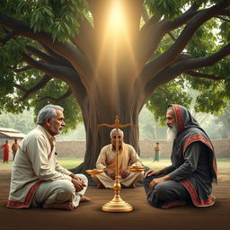 A traditional Indian panchayat scene, featuring Khala, Jumman Miyan, and Alguh Chaudhary sitting face to face beneath a large Peepal tree, which serves as the central focal point of the meeting