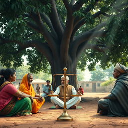 A traditional Indian panchayat scene, featuring Khala, Jumman Miyan, and Alguh Chaudhary sitting face to face beneath a large Peepal tree, which serves as the central focal point of the meeting