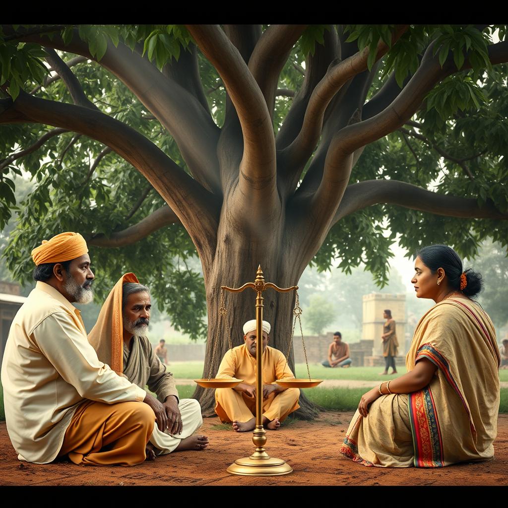 A traditional Indian panchayat scene, featuring Khala, Jumman Miyan, and Alguh Chaudhary sitting face to face beneath a large Peepal tree, which serves as the central focal point of the meeting