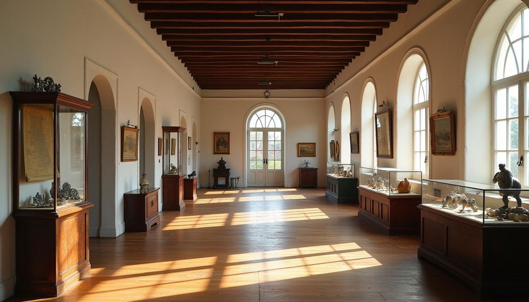 An old colonial museum with pristine white walls and large glass windows that allow soft light to filter into the dimly lit rooms