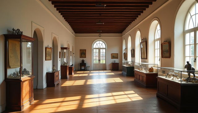 An old colonial museum with pristine white walls and large glass windows that allow soft light to filter into the dimly lit rooms