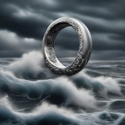 A high-quality digital art image depicting a stormy sea scene with a silver ring as the central focus