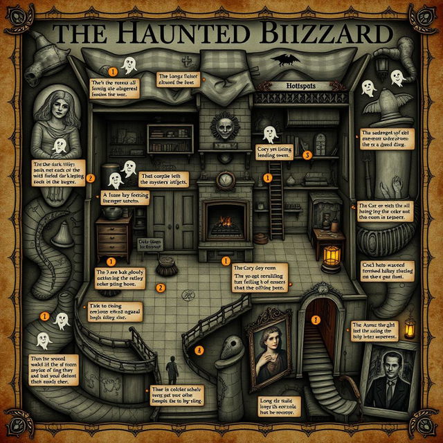 A detailed and intriguing map of the protagonist's house for the story "The Haunted Blizzard"