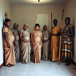 A poignant scene set in a small hall featuring 5 sullen pregnant Indian women, each draped in simple, muted-colored sarees that reflect their solemn expressions