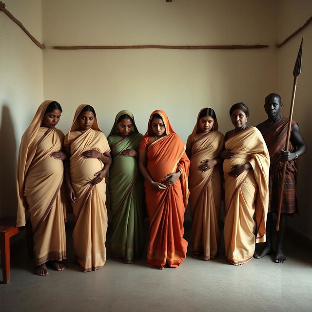 A poignant scene set in a small hall featuring 5 sullen pregnant Indian women, each draped in simple, muted-colored sarees that reflect their solemn expressions