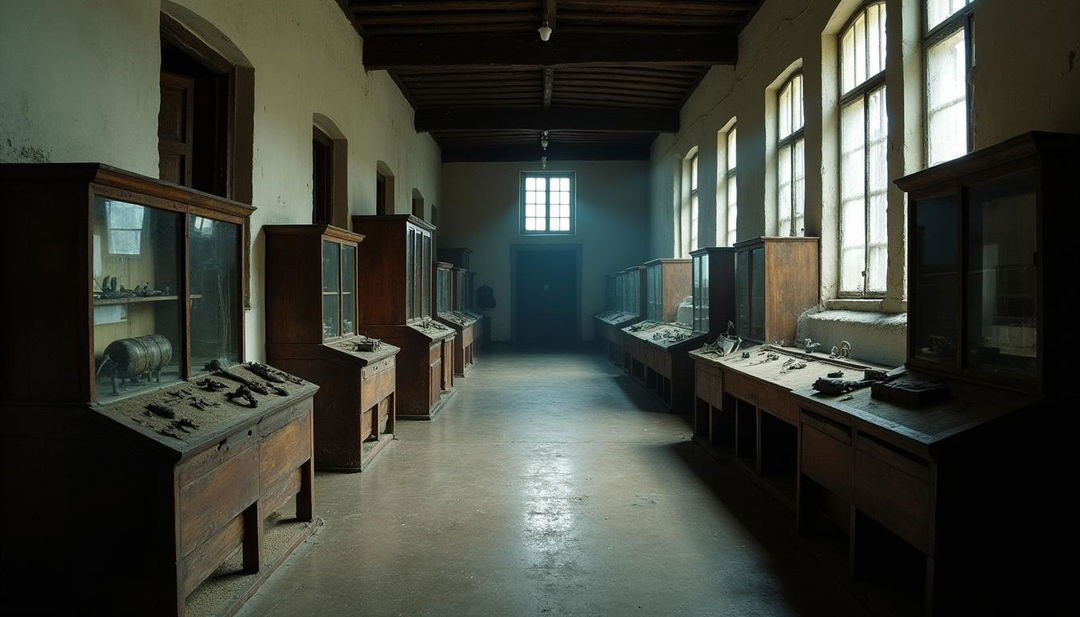 An eerie old colonial museum characterized by its stark white walls and large glass windows, with light streaming in to illuminate the dim, shadowy interior