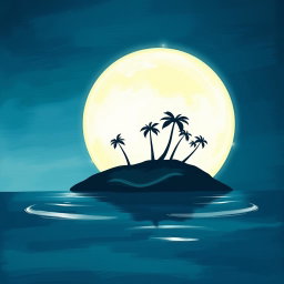 A charming painted graphic depicting a small island silhouette set against the backdrop of a large, luminous moon