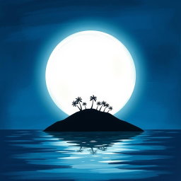 A charming painted graphic depicting a small island silhouette set against the backdrop of a large, luminous moon
