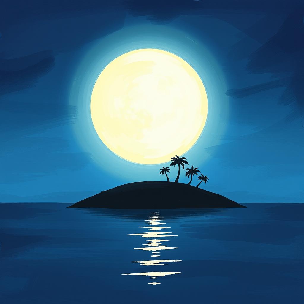 A charming painted graphic depicting a small island silhouette set against the backdrop of a large, luminous moon