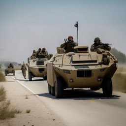 2 armored vehicles on a one-lane freeway followed by 10 combatants in military fatigue, armed with assault rifles, missile launcher and radio