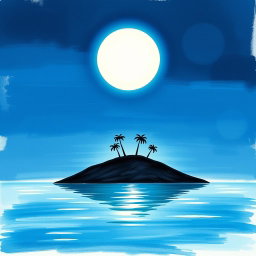 A charming painted graphic depicting a small island silhouette set against the backdrop of a large, luminous moon