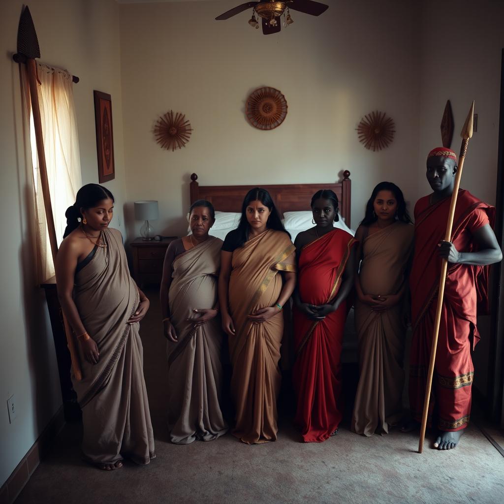 A poignant scene set in a small hall featuring 5 sullen pregnant Indian women standing together, dressed in simple, muted-colored sarees that reflect their somber expressions