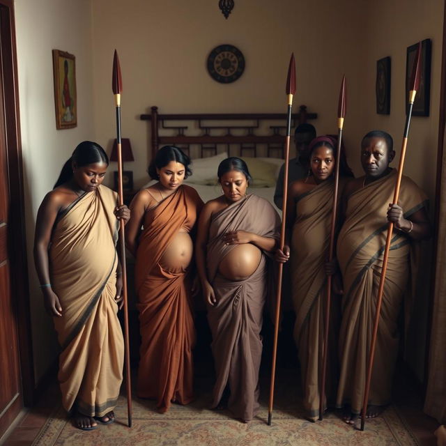 A poignant scene set in a small hall featuring 5 sullen pregnant Indian women standing together, dressed in simple, muted-colored sarees that reflect their somber expressions