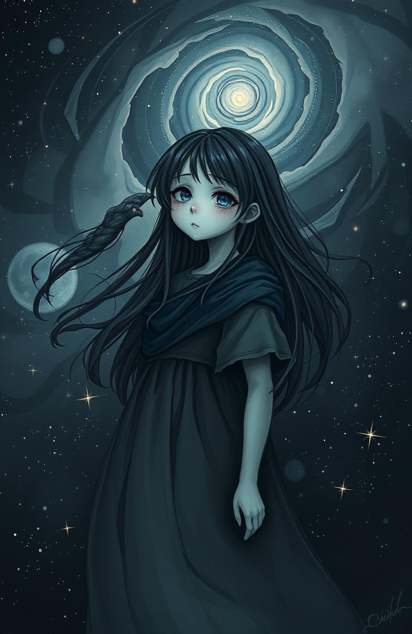 A poignant and imaginative scene featuring a broken girl standing amidst a night sky filled with stars, surrounded by a deep black theme