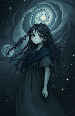 A poignant and imaginative scene featuring a broken girl standing amidst a night sky filled with stars, surrounded by a deep black theme