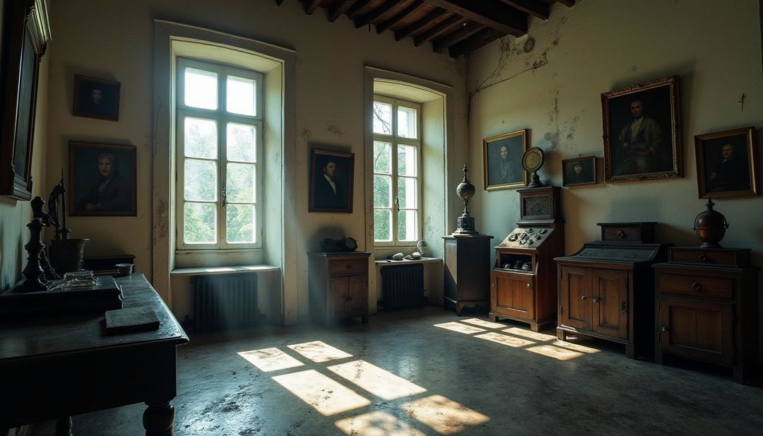 An old colonial museum featuring white walls and large glass windows that allow light to enter the dimly lit room