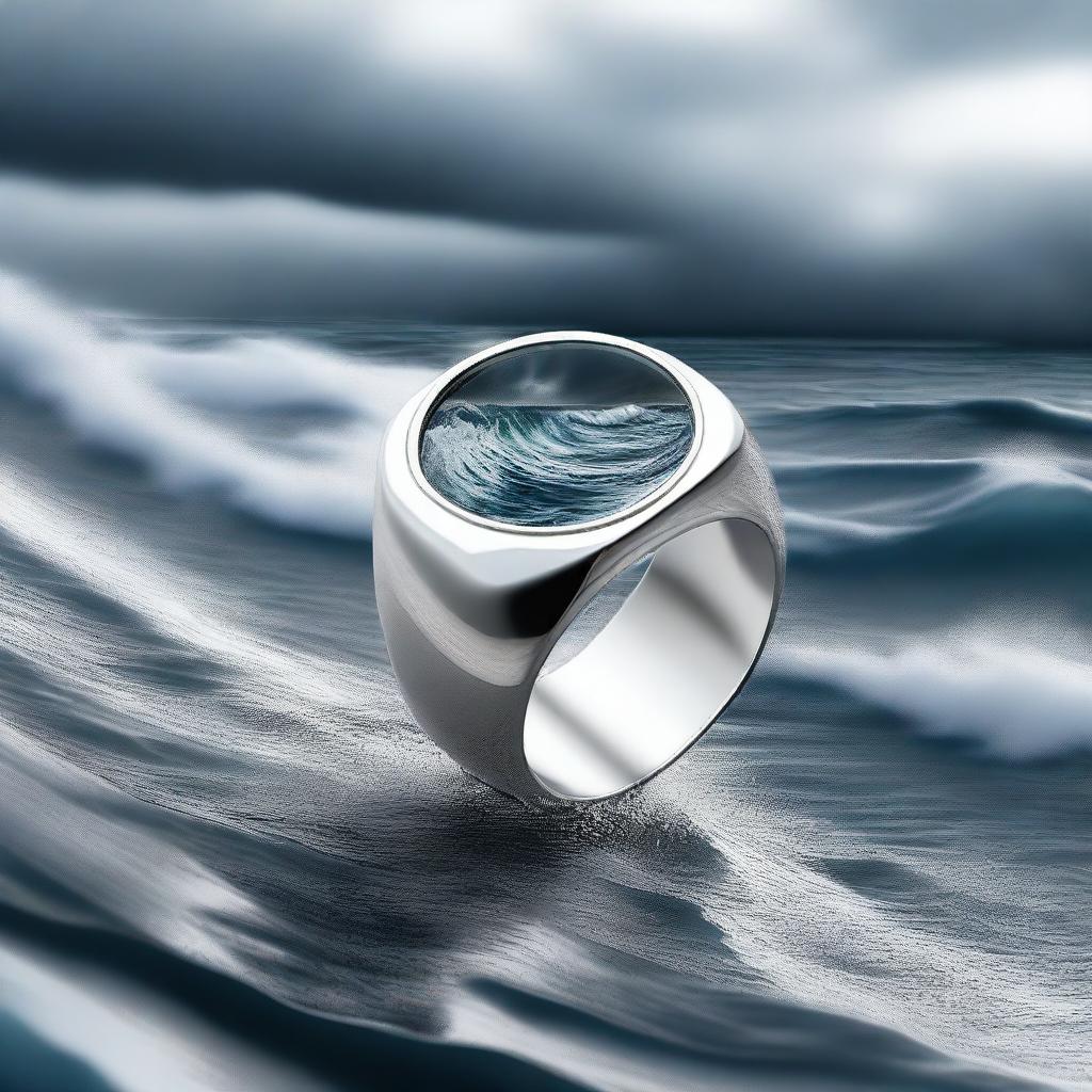 A high-quality digital art image featuring a modern, stylised silver ring floating amidst an abstract stormy sea