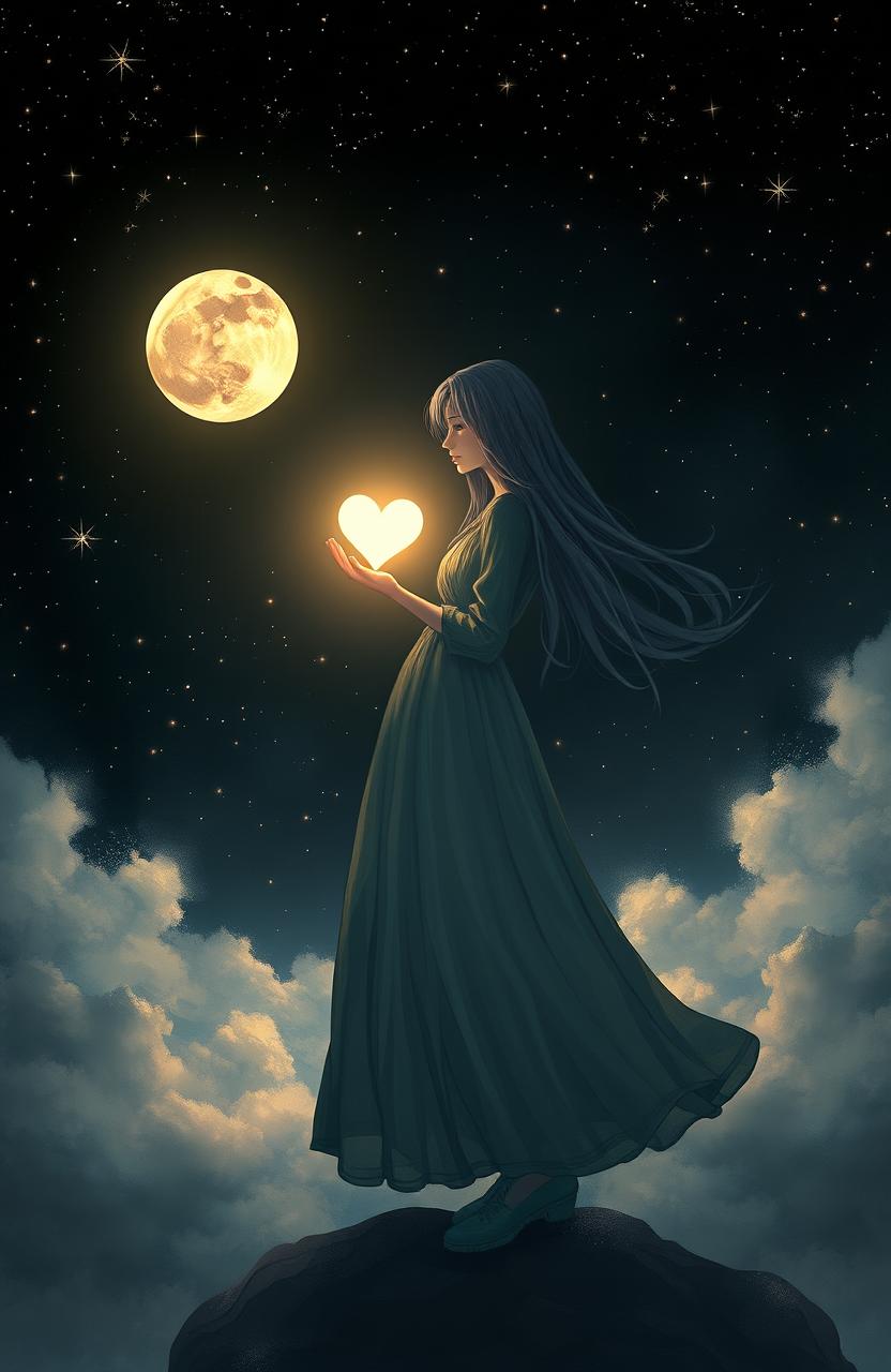 A mystical scene with a girl standing under a black sky filled with twinkling stars, with a glowing full moon illuminating her figure