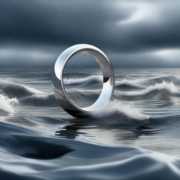 A high-quality digital art image featuring a modern, stylised silver ring floating amidst an abstract stormy sea