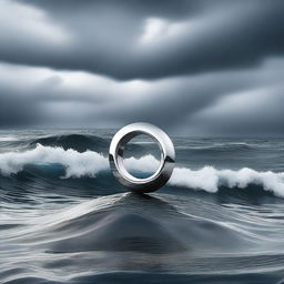 A high-quality digital art image featuring a modern, stylised silver ring floating amidst an abstract stormy sea