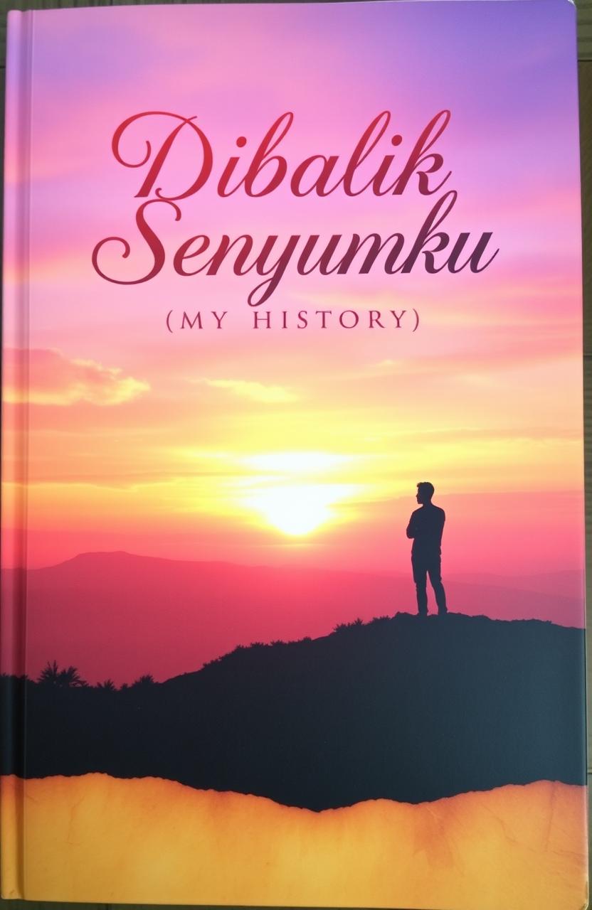 A captivating book cover featuring a serene landscape backdrop with a silhouette of a person standing on a hill, gazing at a sunset