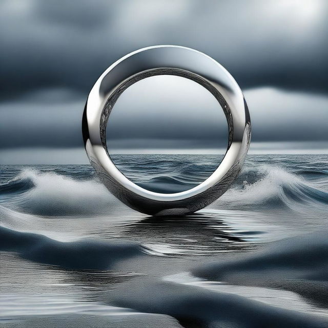 A high-quality digital art image featuring a modern, stylised silver ring floating amidst an abstract stormy sea