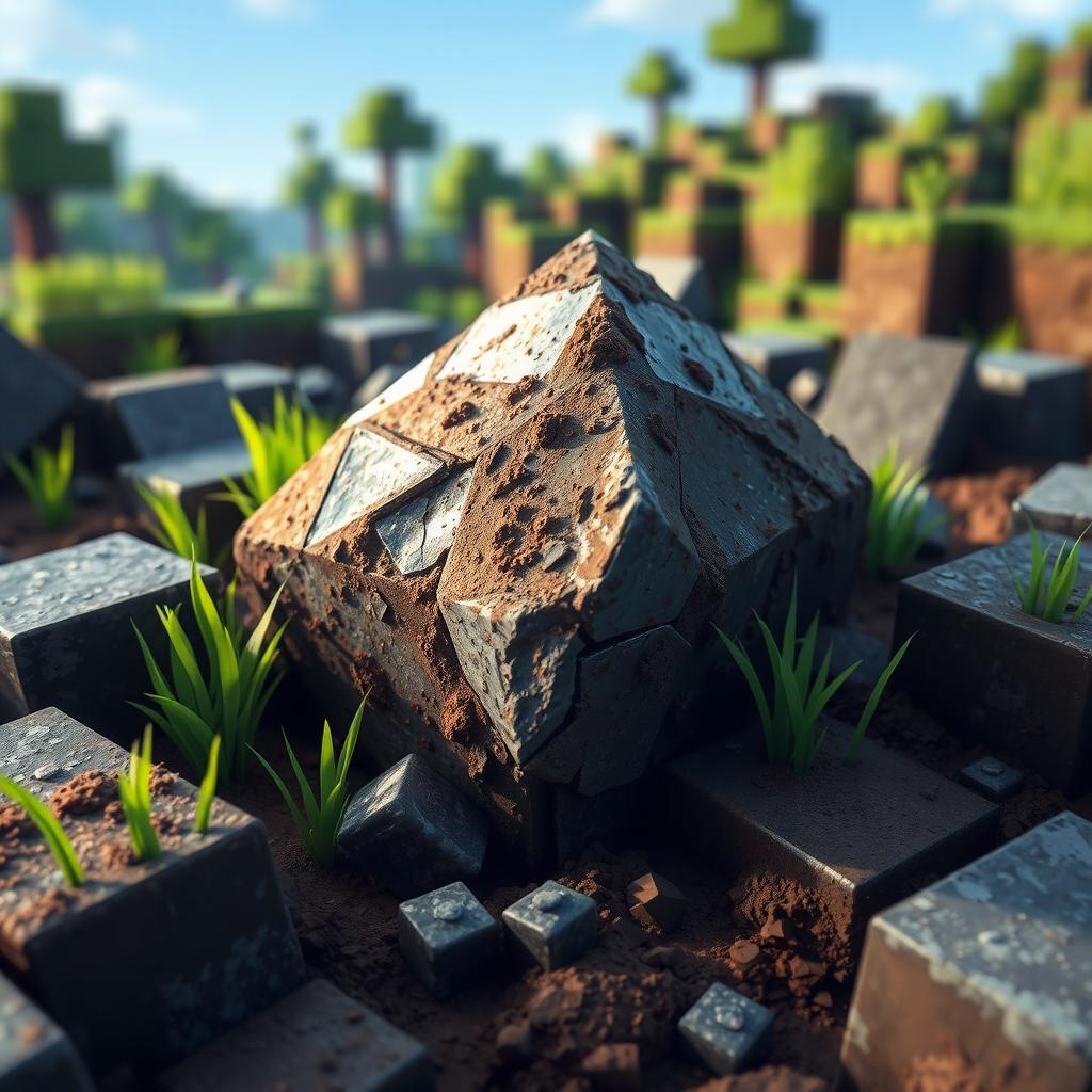 A detailed and immersive scene in a Minecraft world featuring a dirty diamond ore block embedded in rocky terrain