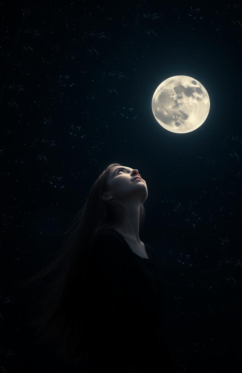 A captivating scene set against a black theme featuring a young woman gazing up at the moon in a marvelous night sky