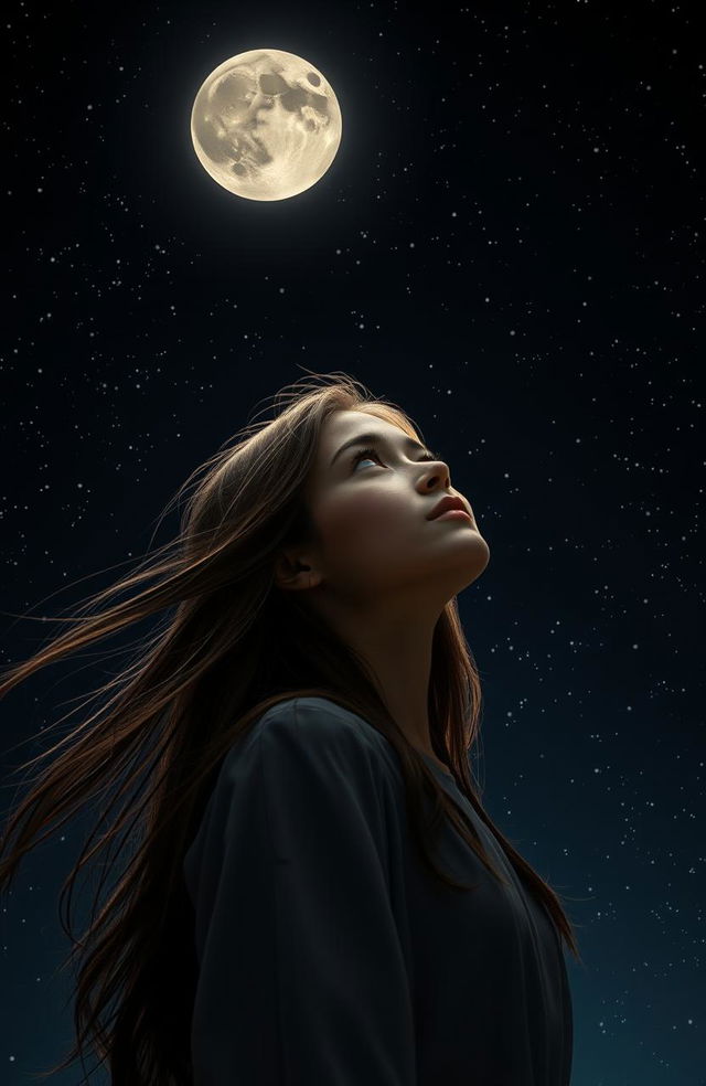 A captivating scene set against a black theme featuring a young woman gazing up at the moon in a marvelous night sky