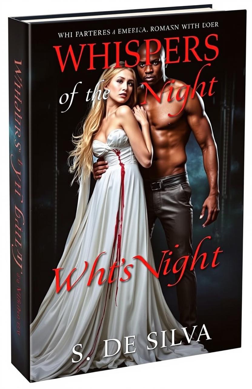 The cover of the book 'Whispers of the Night', featuring a scene with a striking contrast between a white woman, reminiscent of Swedish beauty, and a black man with Mexican features