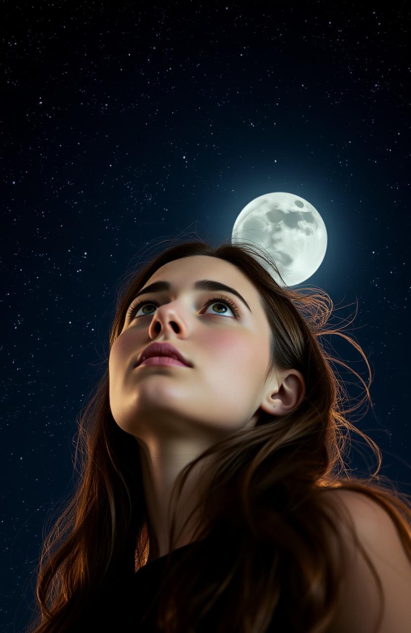 A young woman with an intrigued expression, standing under a starry night sky filled with a deep black theme