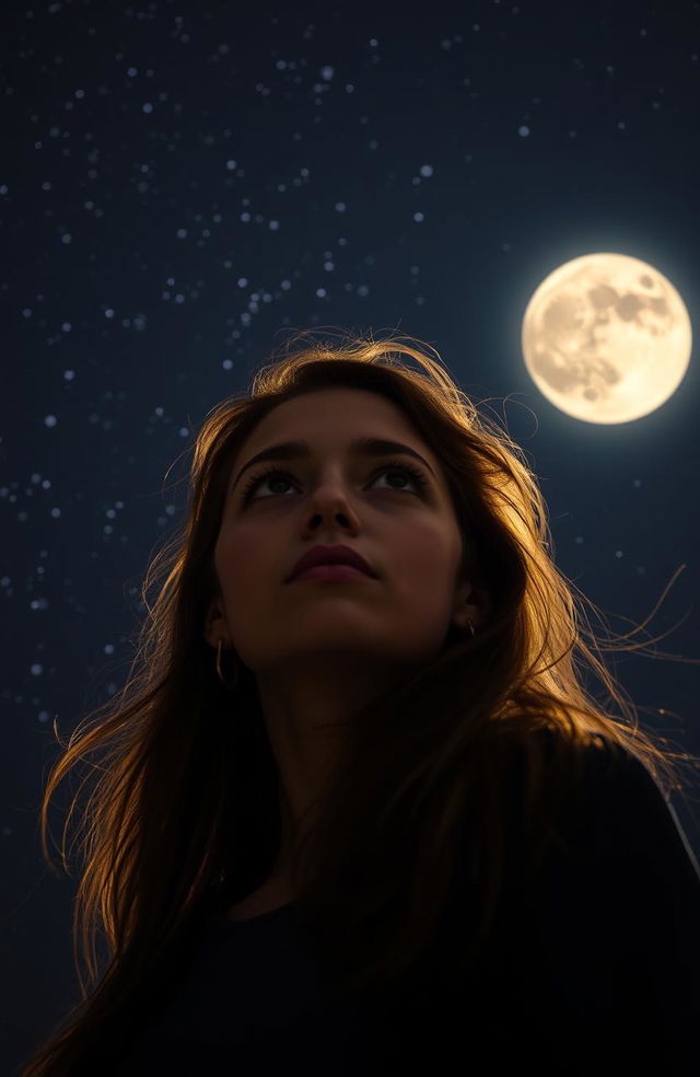 A young woman with an intrigued expression, standing under a starry night sky filled with a deep black theme