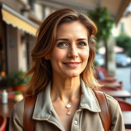 A full-height photograph of a woman aged 30 to 45 years with a natural look, featuring minimal makeup and well-groomed hair