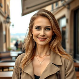 A full-height photograph of a woman aged 30 to 45 years with a natural look, featuring minimal makeup and well-groomed hair