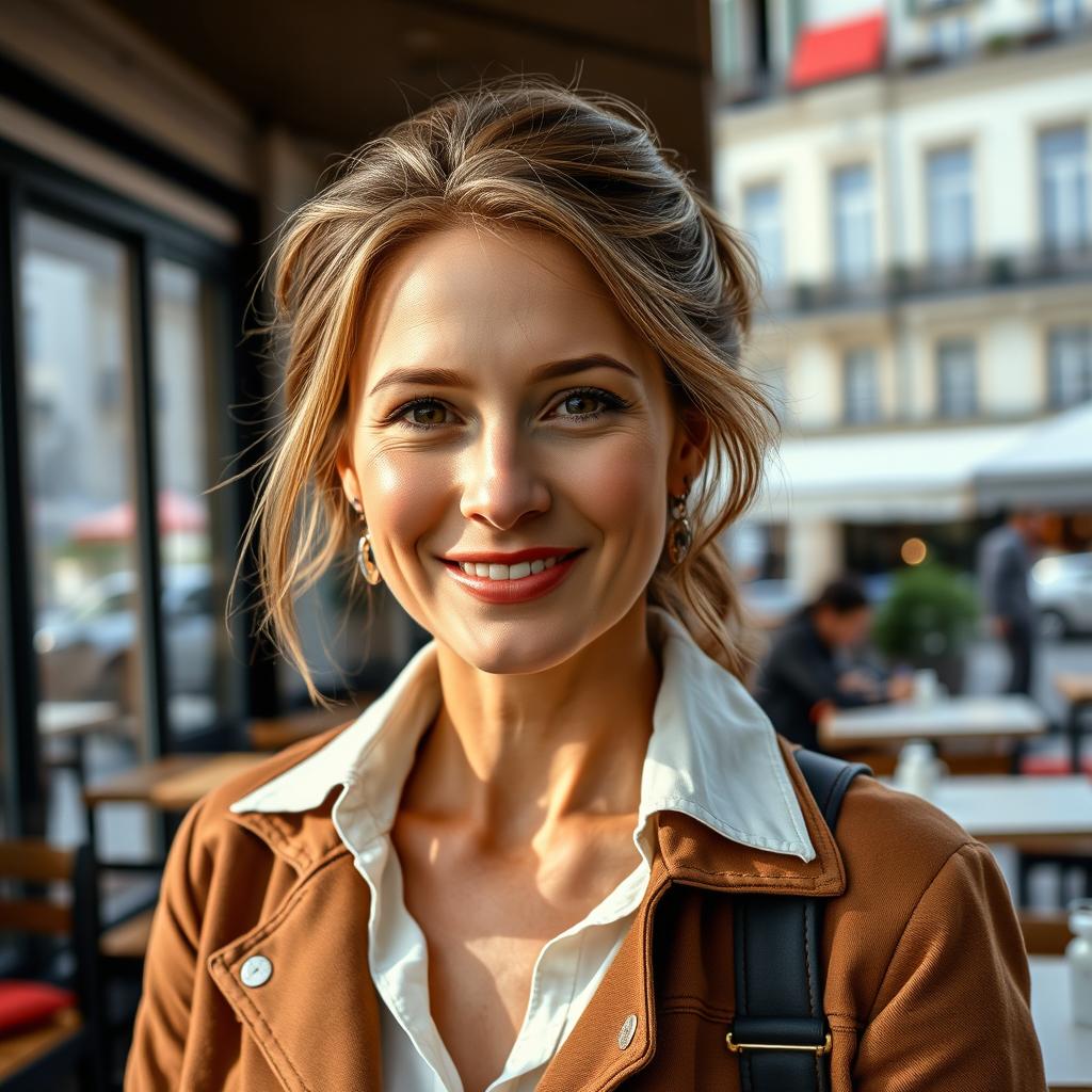 A full-height photograph of a woman aged 30 to 45 years with a natural look, featuring minimal makeup and well-groomed hair