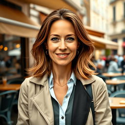 A full-height photograph of a woman aged 30 to 45 years with a natural look, featuring minimal makeup and well-groomed hair