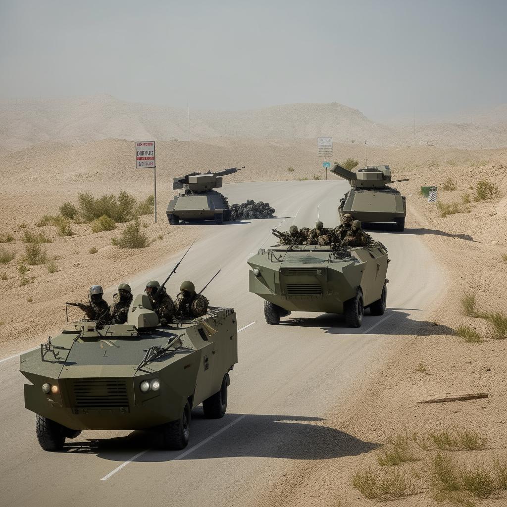 2 armored vehicles on a one-lane freeway followed by 10 combatants in military fatigue, armed with assault rifles, missile launcher and radio