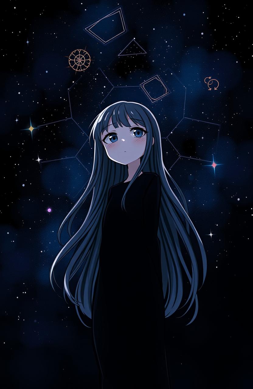 A girl standing under a night sky filled with stars, her expression a mix of curiosity and puzzlement