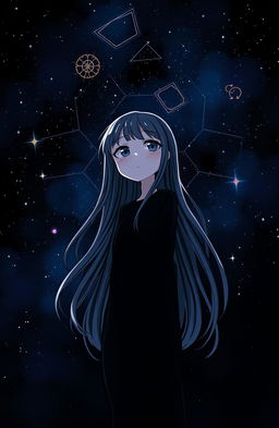 A girl standing under a night sky filled with stars, her expression a mix of curiosity and puzzlement