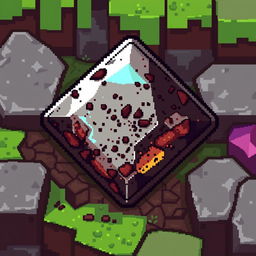 A detailed pixel art representation of a dirty diamond in Minecraft, showcasing the distinct blocky texture and rich colors typical of Minecraft graphics