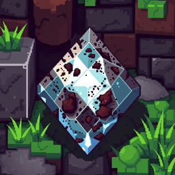 A detailed pixel art representation of a dirty diamond in Minecraft, showcasing the distinct blocky texture and rich colors typical of Minecraft graphics
