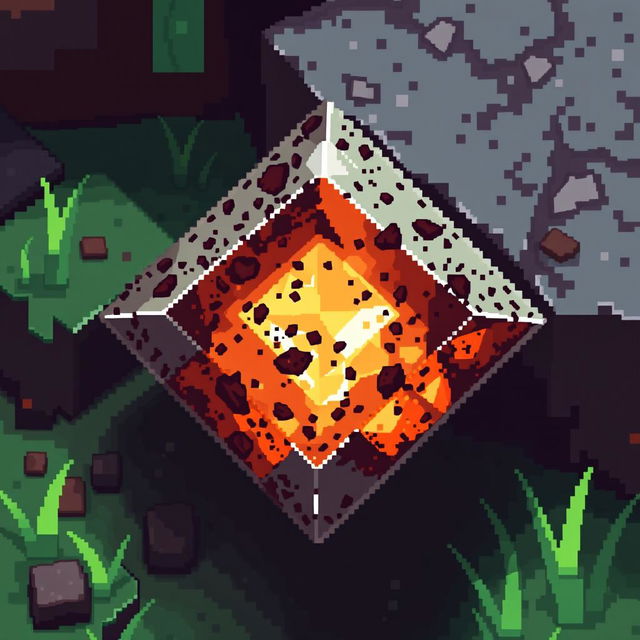 A detailed pixel art representation of a dirty diamond in Minecraft, showcasing the distinct blocky texture and rich colors typical of Minecraft graphics