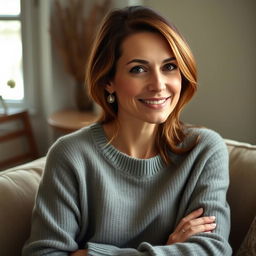 A woman aged between 30 and 35 years, featuring chestnut brown hair and a classic European appearance, dressed in a stylish sweater