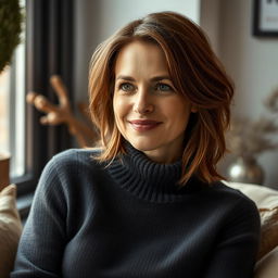 A woman aged between 30 and 35 years, featuring chestnut brown hair and a classic European appearance, dressed in a stylish sweater