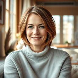 A woman aged between 30 and 35 years, featuring chestnut brown hair and a classic European appearance, dressed in a stylish sweater
