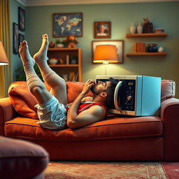 A humorous and surreal scene featuring a famous soccer player, resembling Lionel Messi, playfully kissing a microwave while lying on a couch